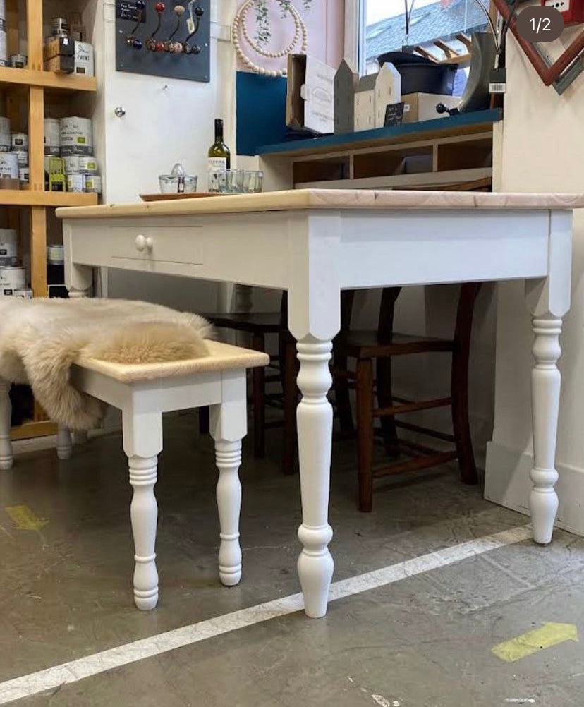 Handmade Pine farmhouse Bench with painted base.