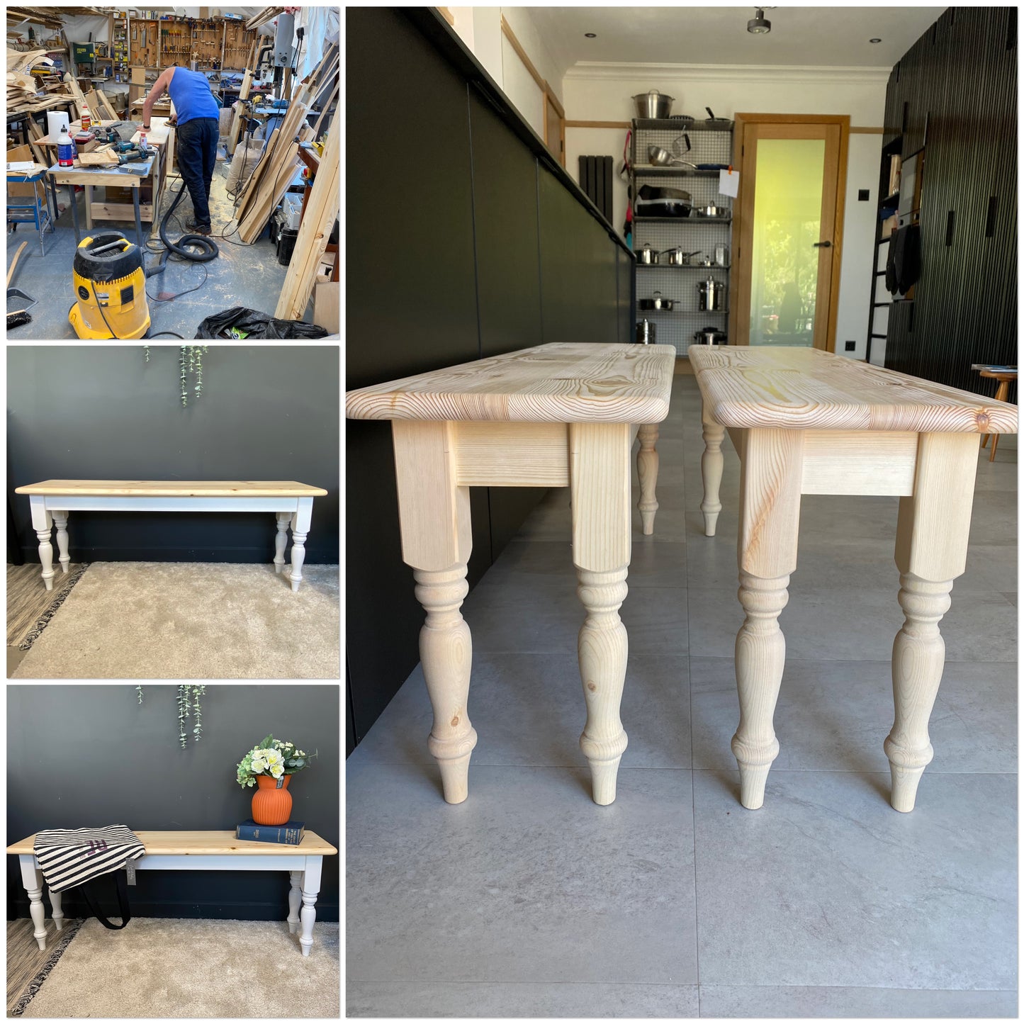 Handmade Pine farmhouse Bench with painted base.