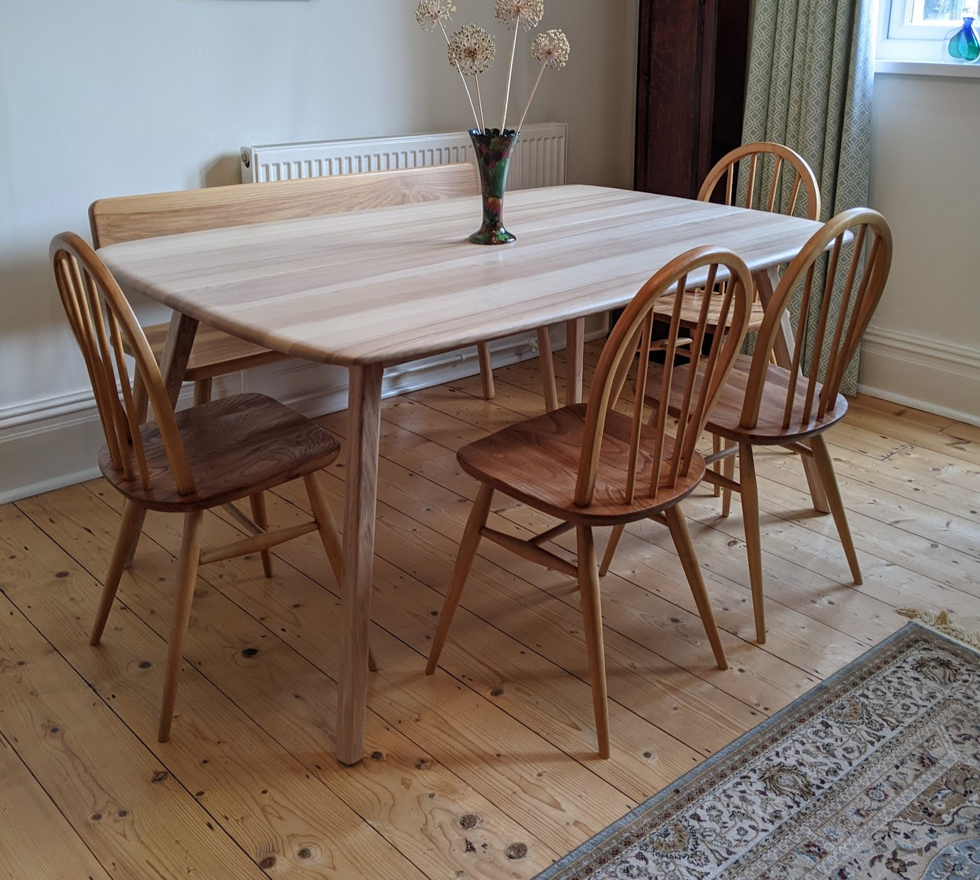 Bespoke Ash Table Bench and Restored Ercol Chair Set