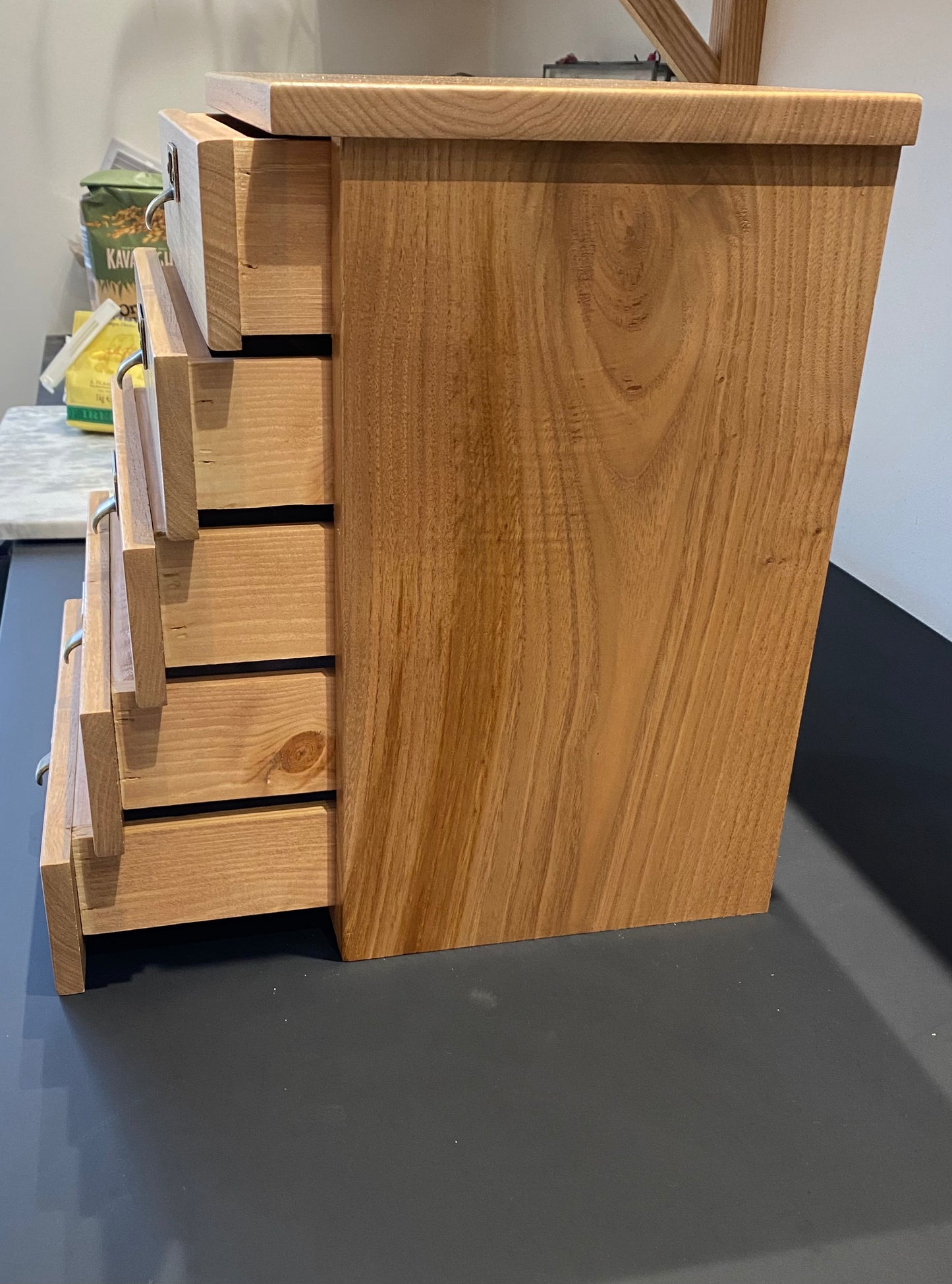 Hardwood countertop drawers.