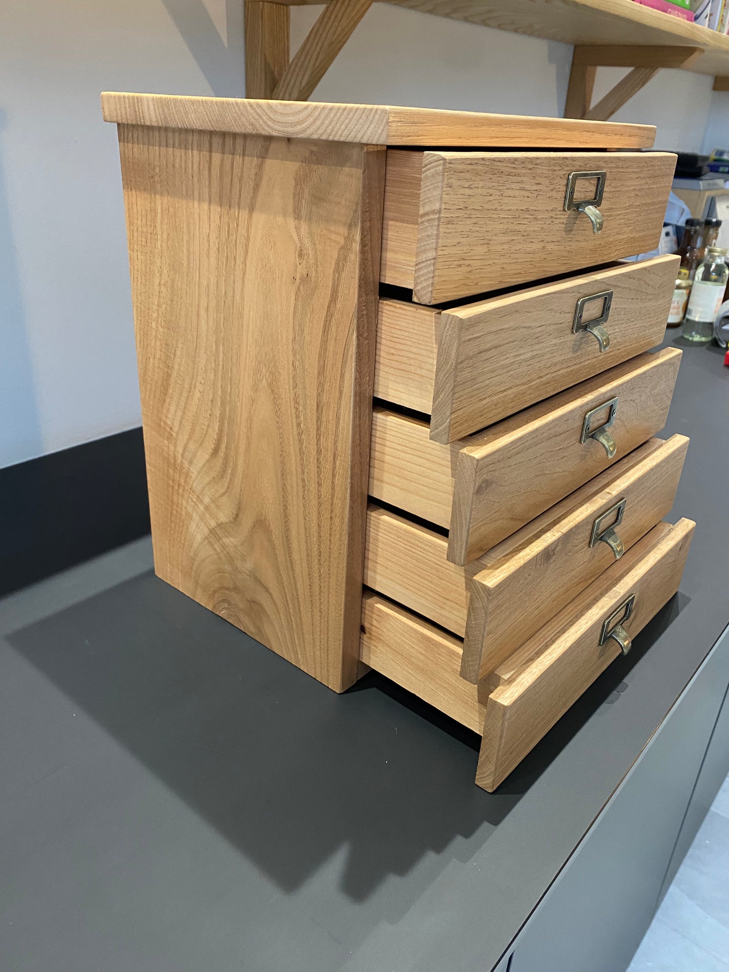 Hardwood countertop drawers.