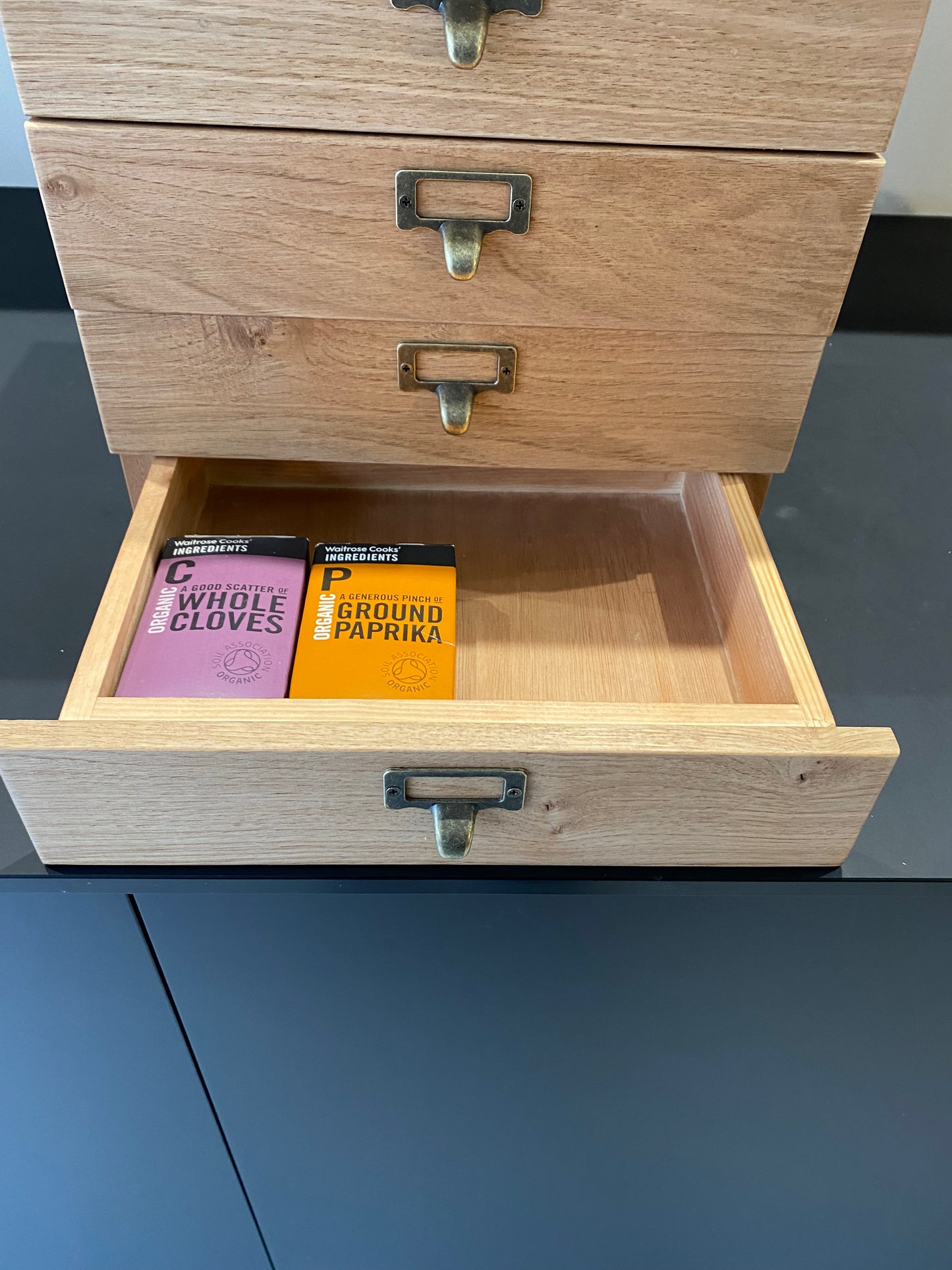 Hardwood countertop drawers.