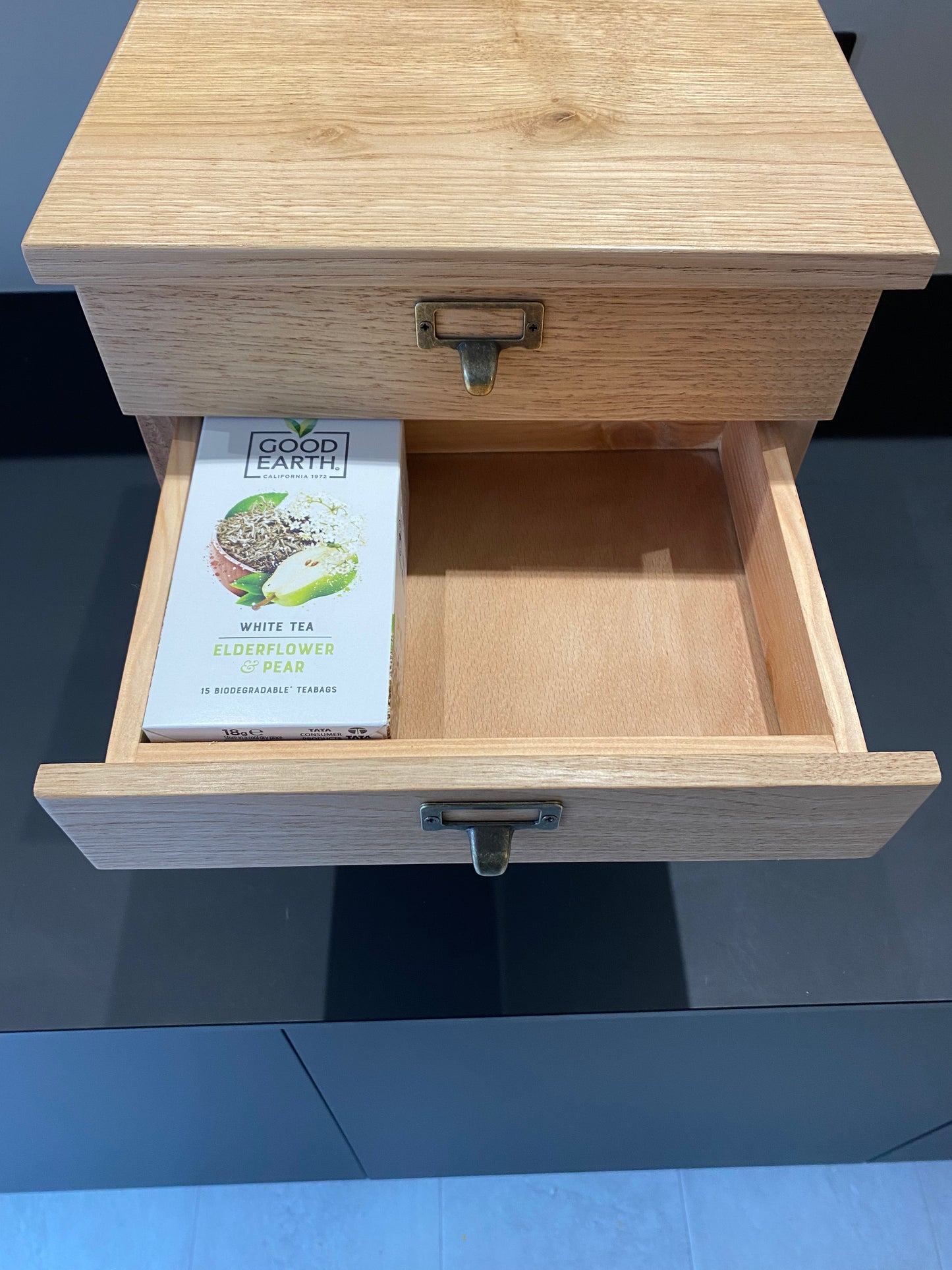 Hardwood countertop drawers.