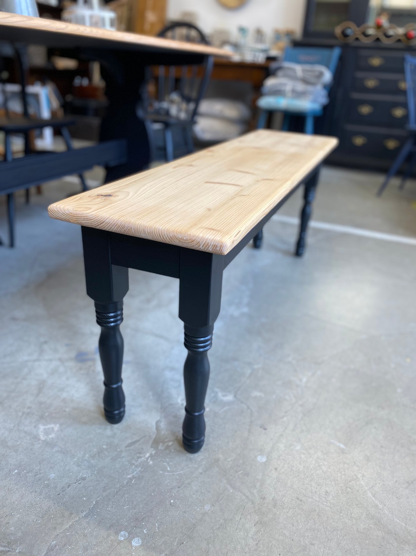 Handmade Pine farmhouse Bench with painted base.