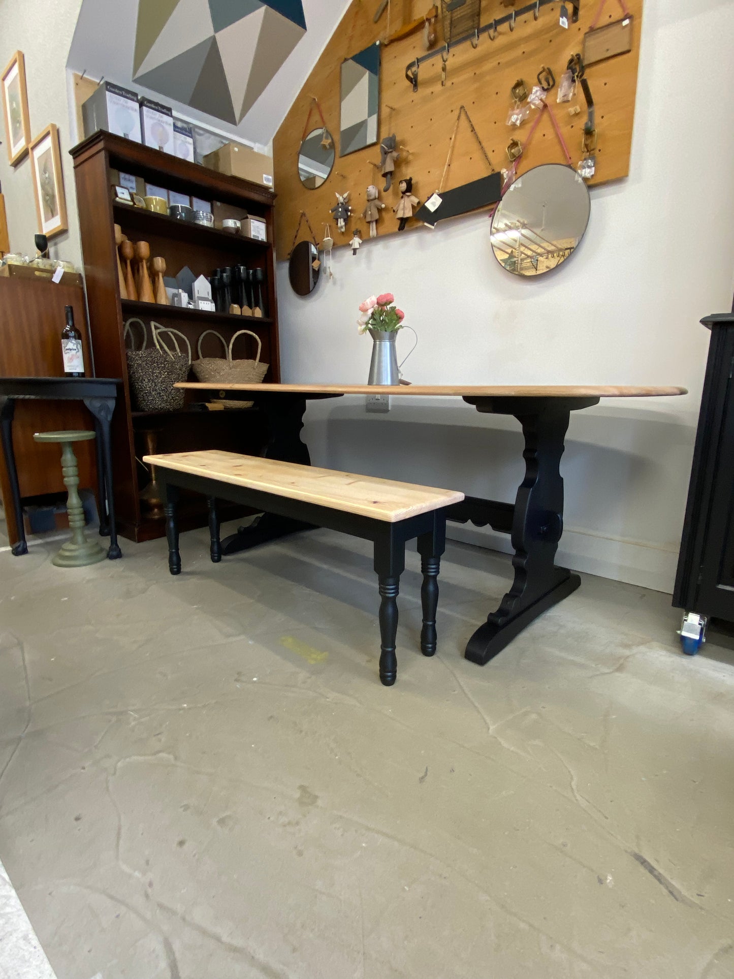 Handmade Pine farmhouse Bench with painted base.