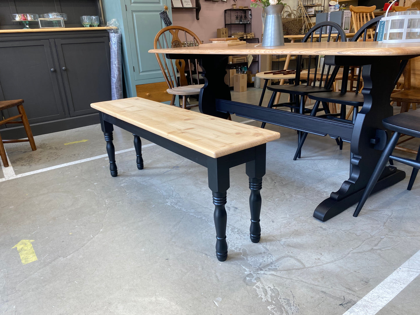 Handmade Pine farmhouse Bench with painted base.