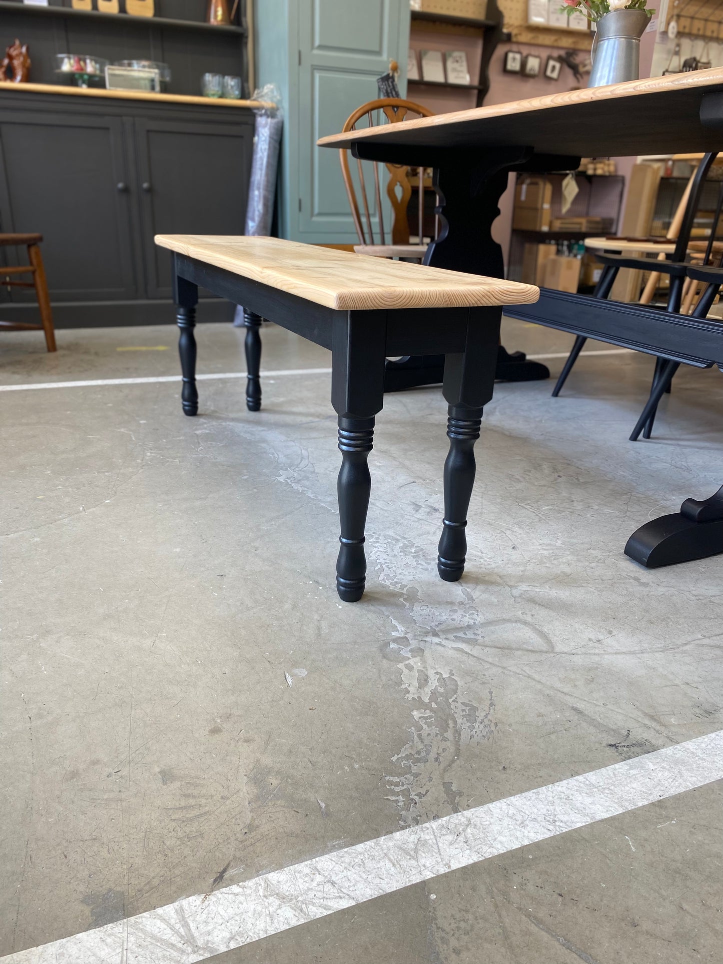 Handmade Pine farmhouse Bench with painted base.