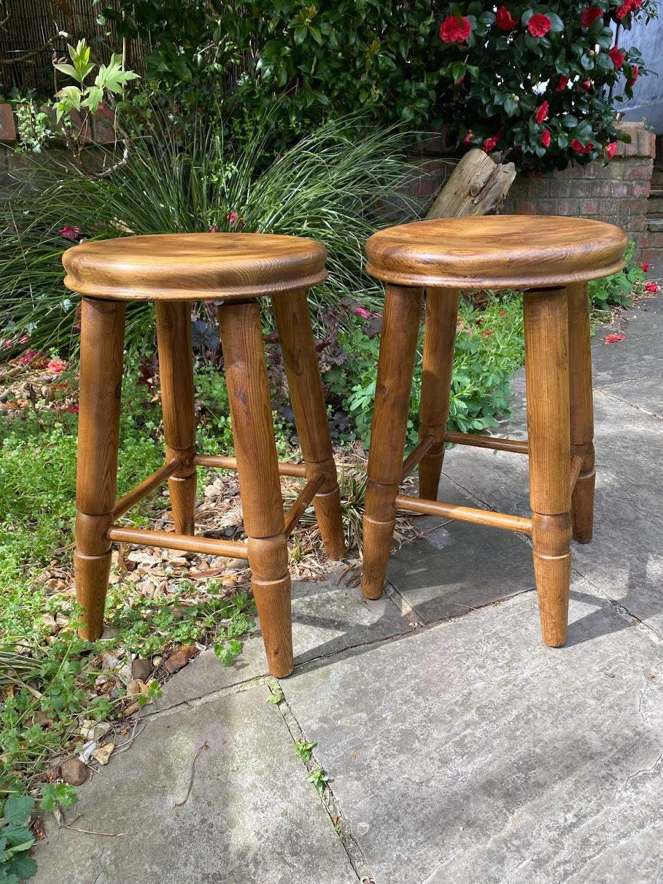 Vintage beech stools in original condition.