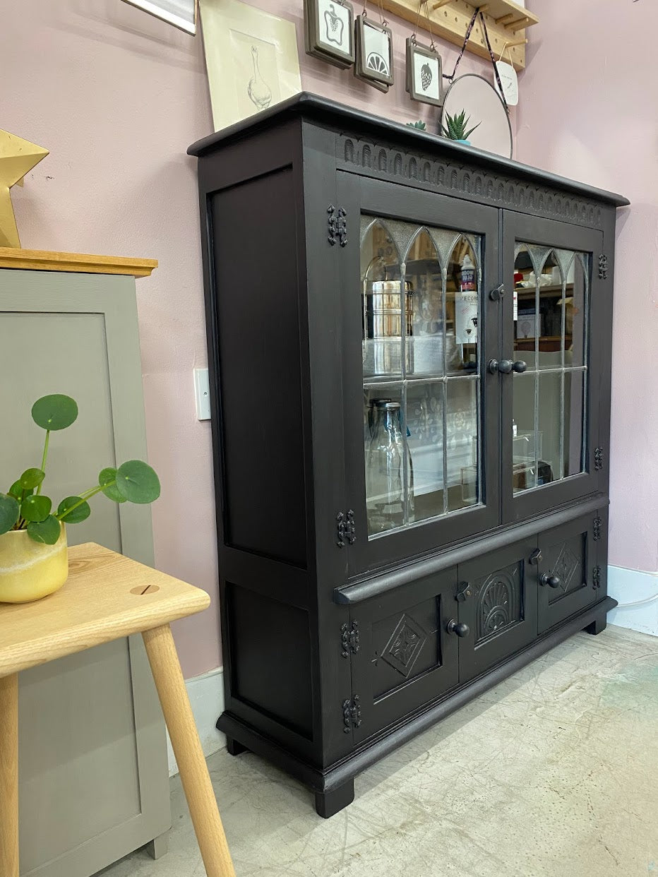 Vintage Oak  & Leaded Glass display cabinet