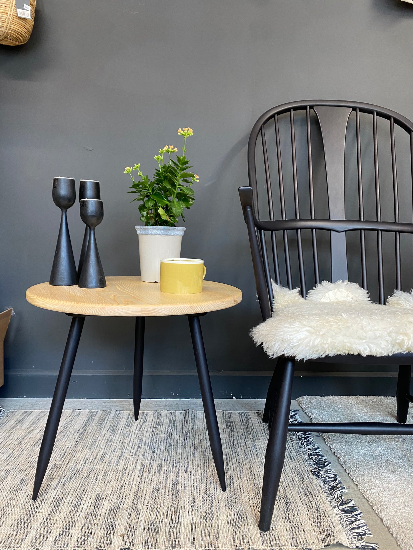 Handmade Solid Ash Side Table with Black Legs